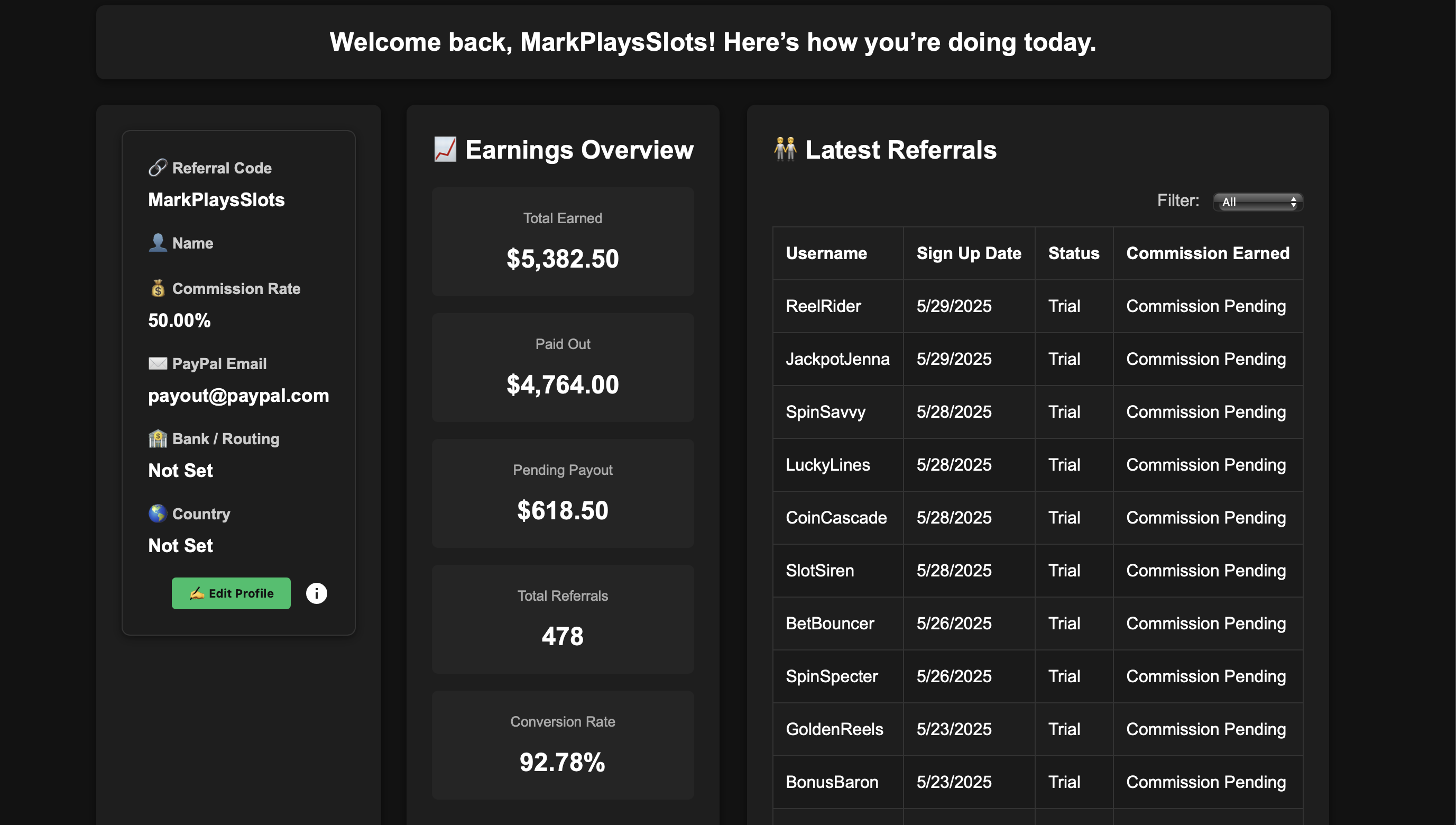 Affiliate earnings mockup
